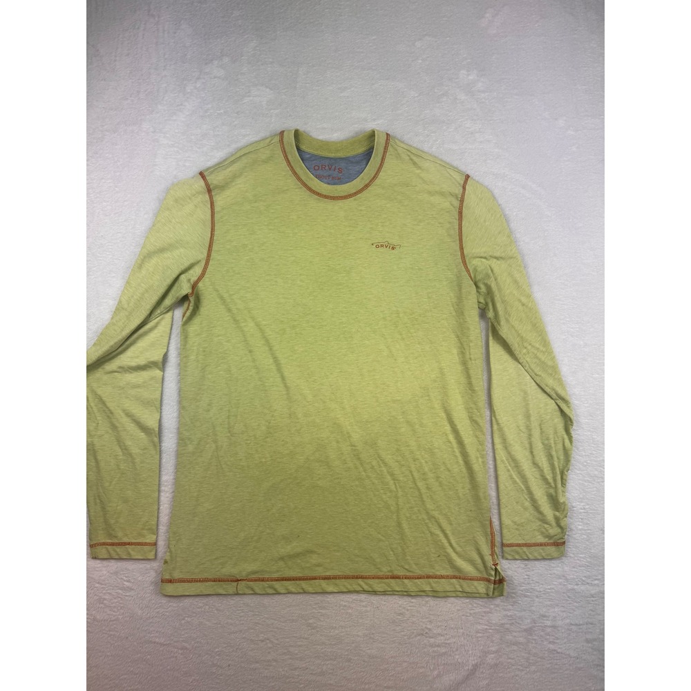 Orvis Trout Bum Mens Medium Long Sleeve Shirt Lime Green Orange Stitch Fishing